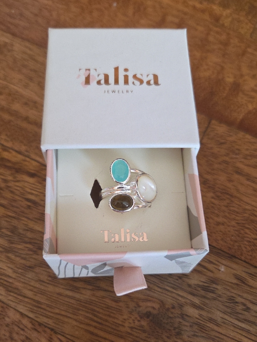 Women's Triple Stone Silver Ring in Turquoise, White, and Brown